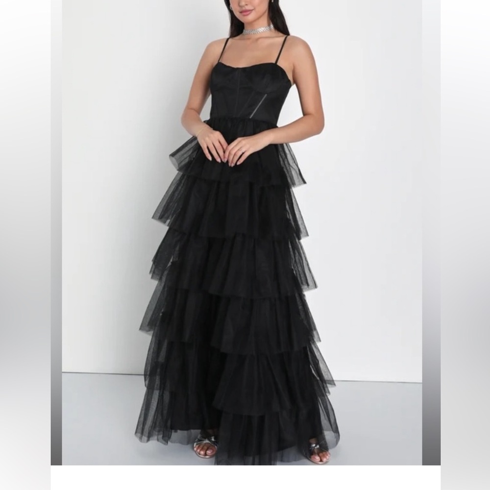 Rule the Runway Black Tulle Bustier Tiered Ruffled Maxi Dress Black-Extra Small